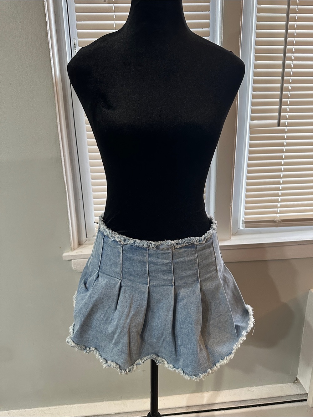 Almost Famous Light Blue Pleated Frayed Denim Mini Skirt with Undershorts